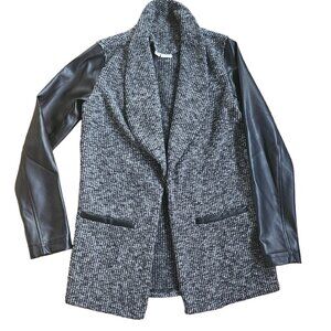 JACQUELINE DE YONG GREY TWEEN & BLACK FAUX LEATHER SLEEVED OPEN JACKET